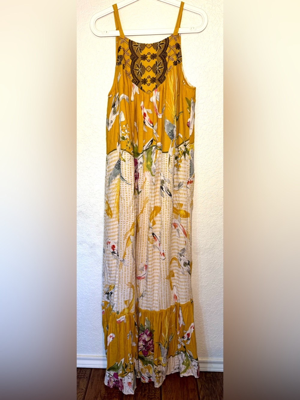 Anthropologie One September Paradiso Koi Maxi Dress Yellow Embroidered Boho XL